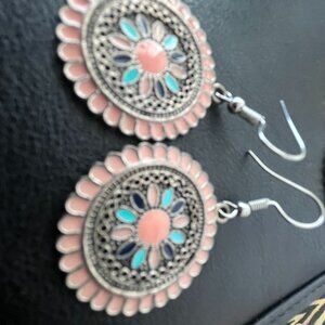 Boho Bohemian Tibetan Silver Dangle Drop Earrings Pink Turquoise Gypsy Jewelry